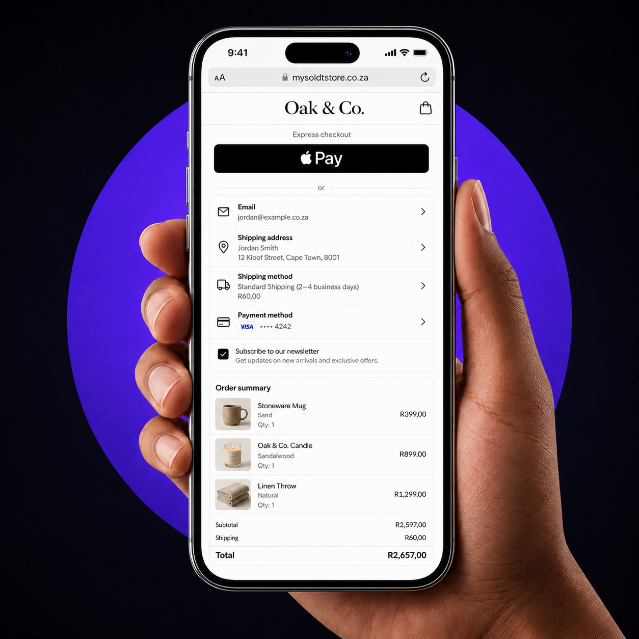 Mobile checkout preview shown on a phone held in hand