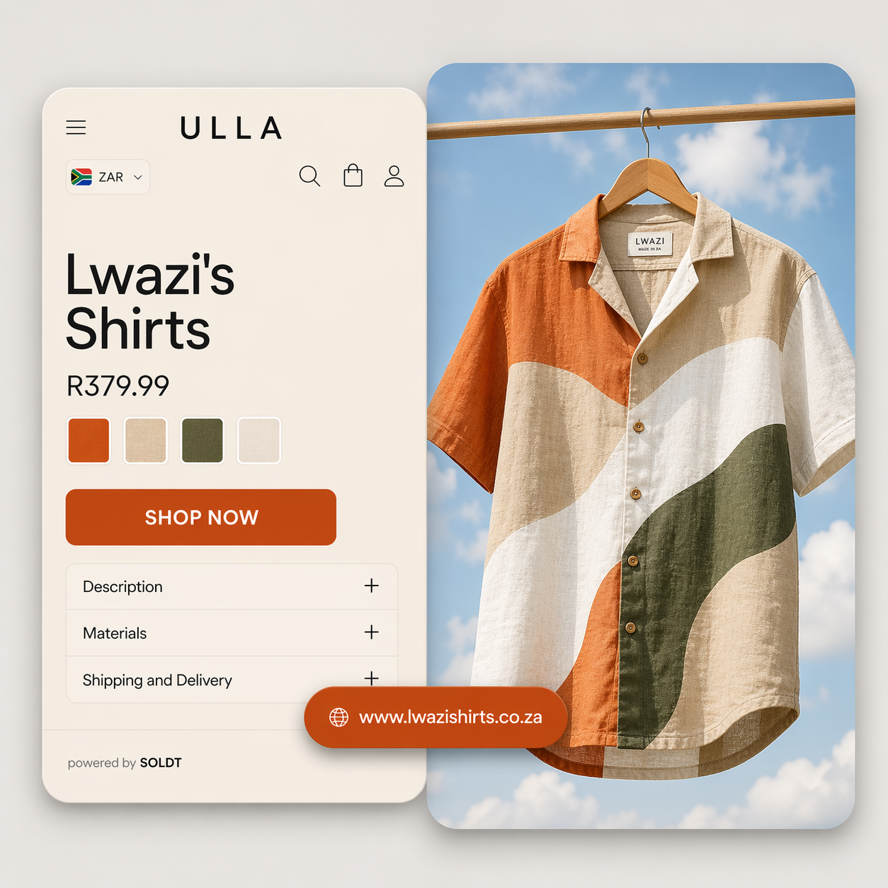 Fashion storefront concept with a product detail layout beside a hanging shirt