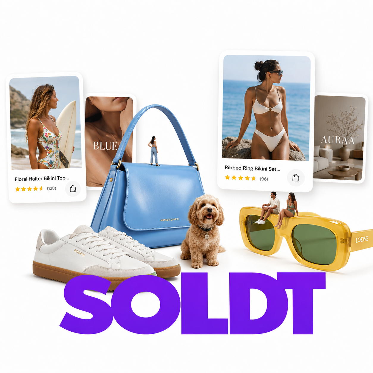 SOLDT commerce platform collage showing different types of online stores and products