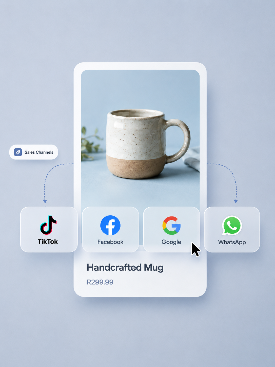A storefront preview showing products being shared across TikTok, Facebook, Google, and WhatsApp.
