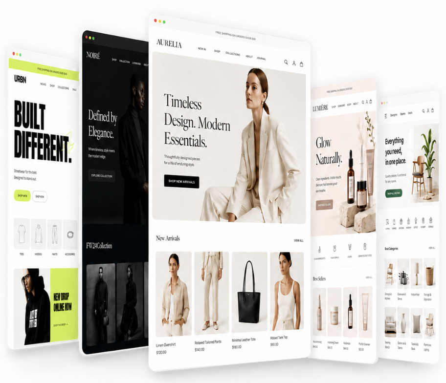 A collection of professional storefront theme mockups in light and dark styles.