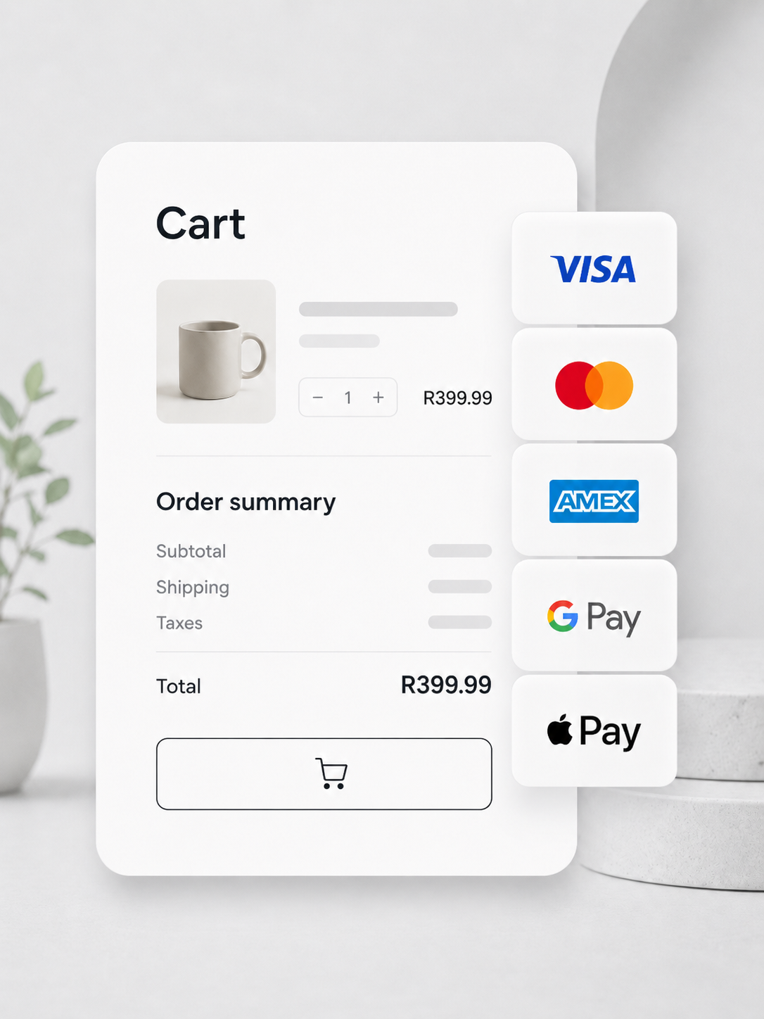 A payment card and cart summary showing supported payment methods including Visa, Mastercard, AmEx, Google Pay, and Apple Pay.