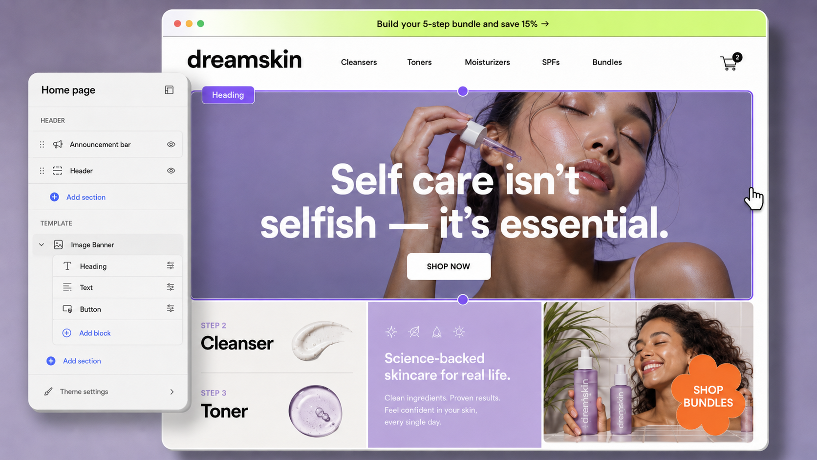 SOLDT storefront editor showing a customizable skincare store homepage